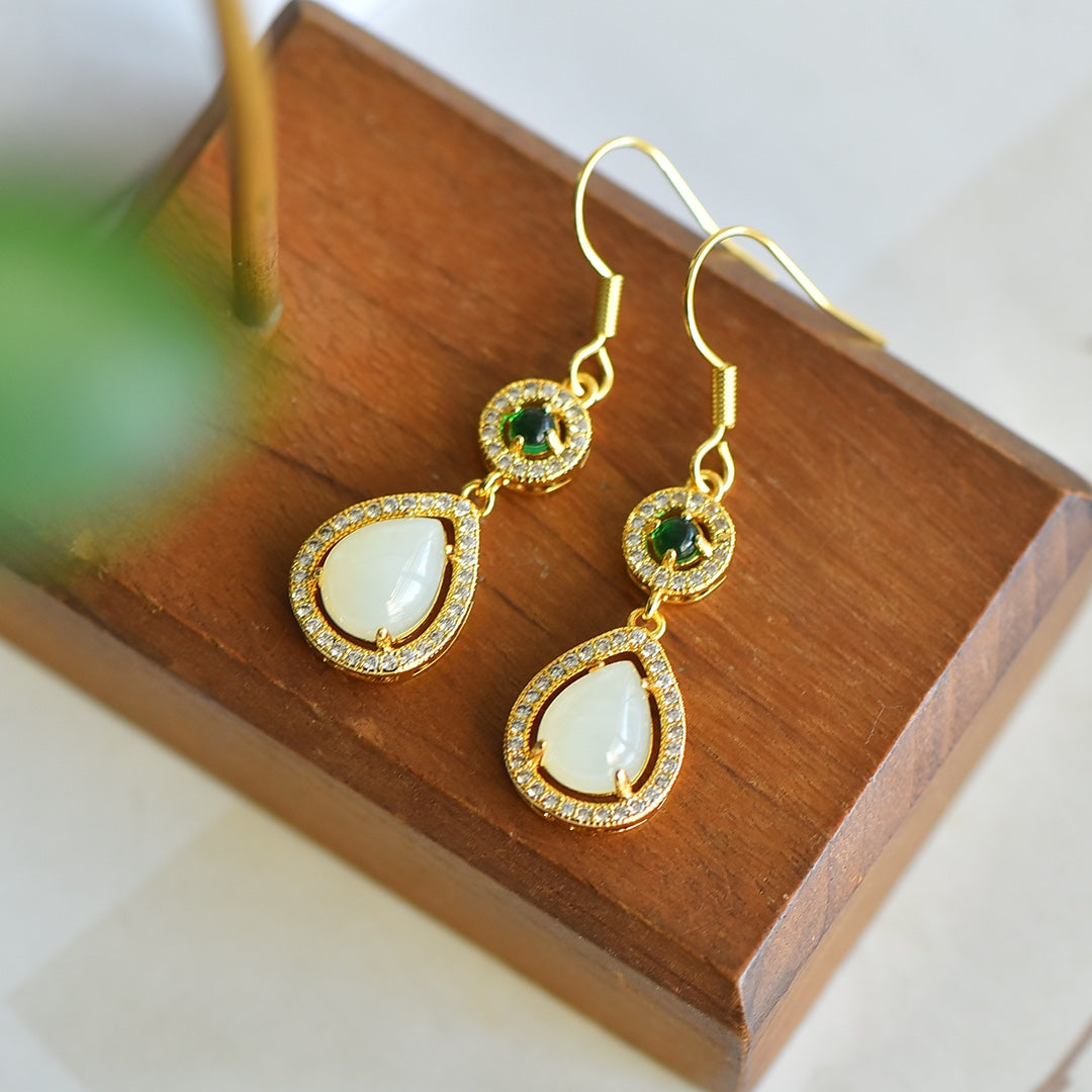 White Nephrite Jade Water Drop Shape Full Diamond-Embellished Dangle Earrings &nbsp;
