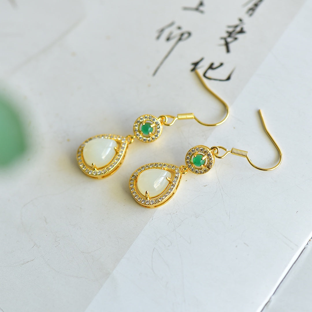 White Nephrite Jade Water Drop Shape Full Diamond-Embellished Dangle Earrings &nbsp;