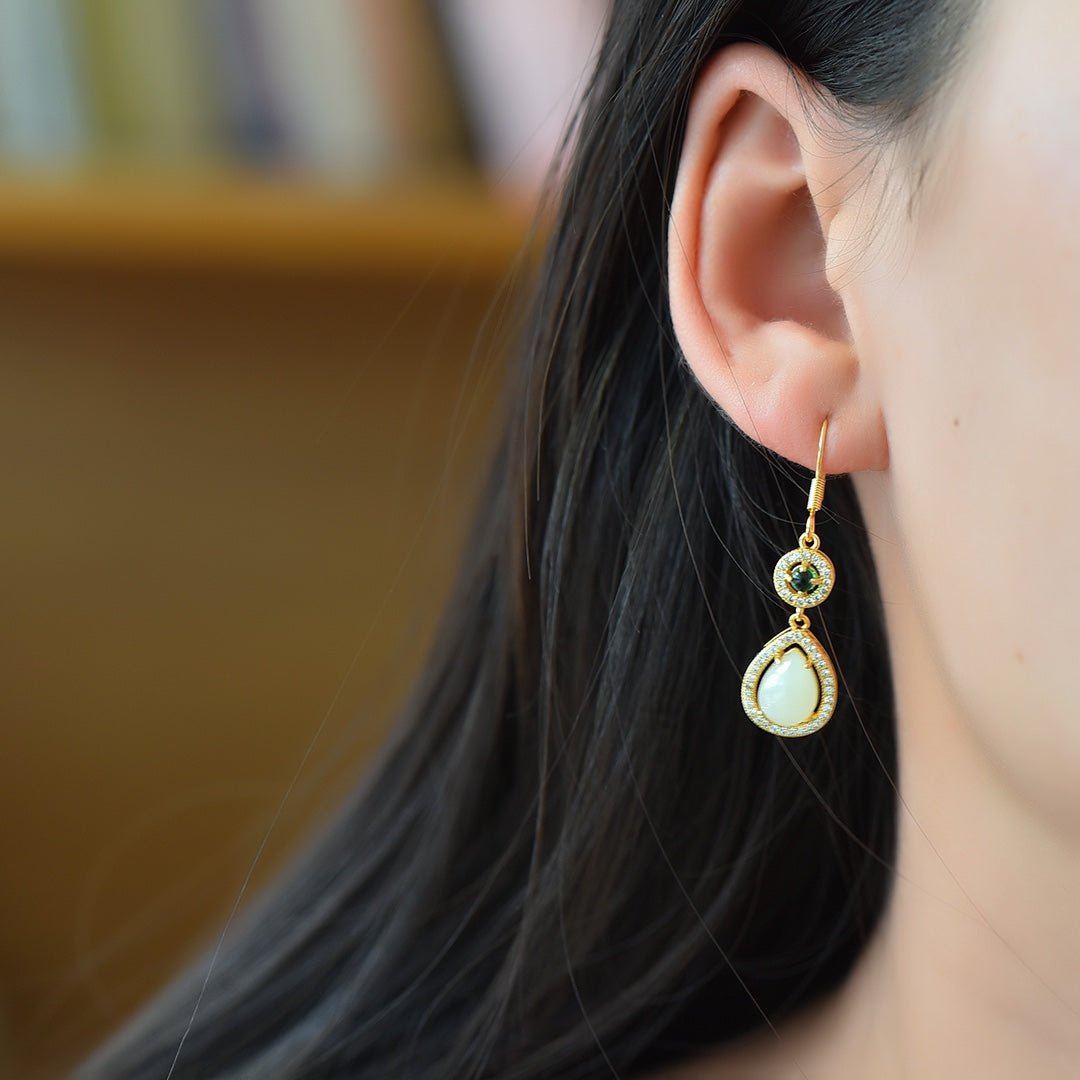 White Nephrite Jade Water Drop Shape Full Diamond-Embellished Dangle Earrings &nbsp;