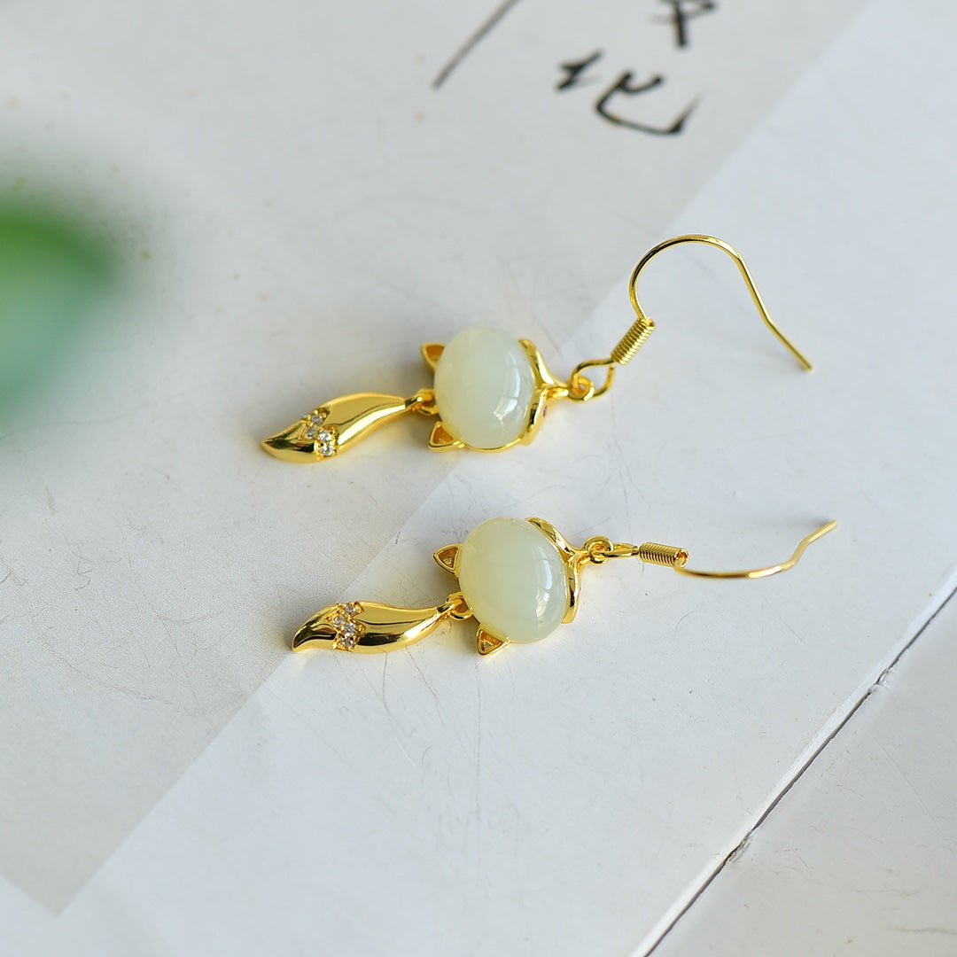 Natural Nephrite Jade Cabochon Fox Dangle Earrings &nbsp;