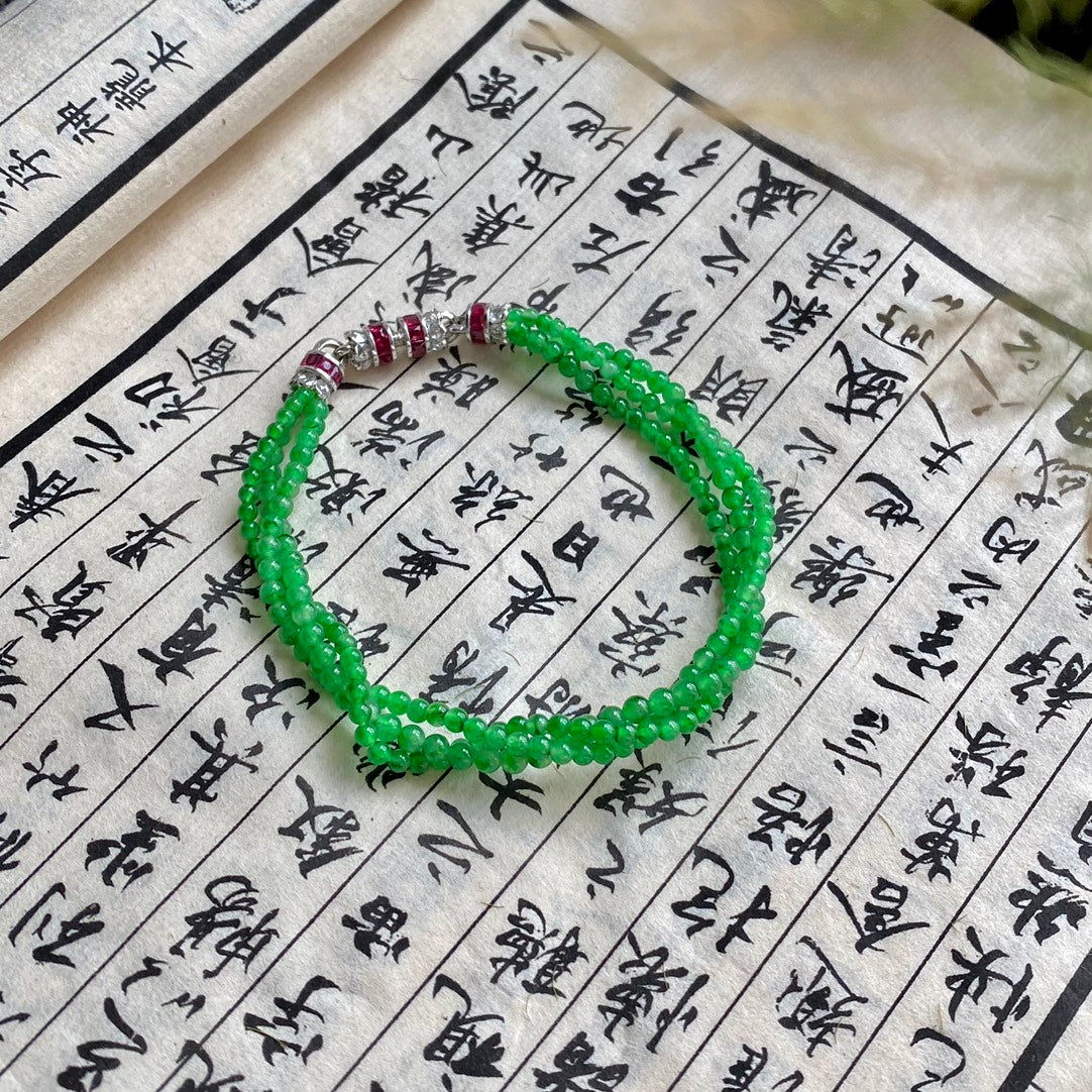 S925 Sterling Silver Jadeite Bright Green Tiny Rice-Bead Bracelet