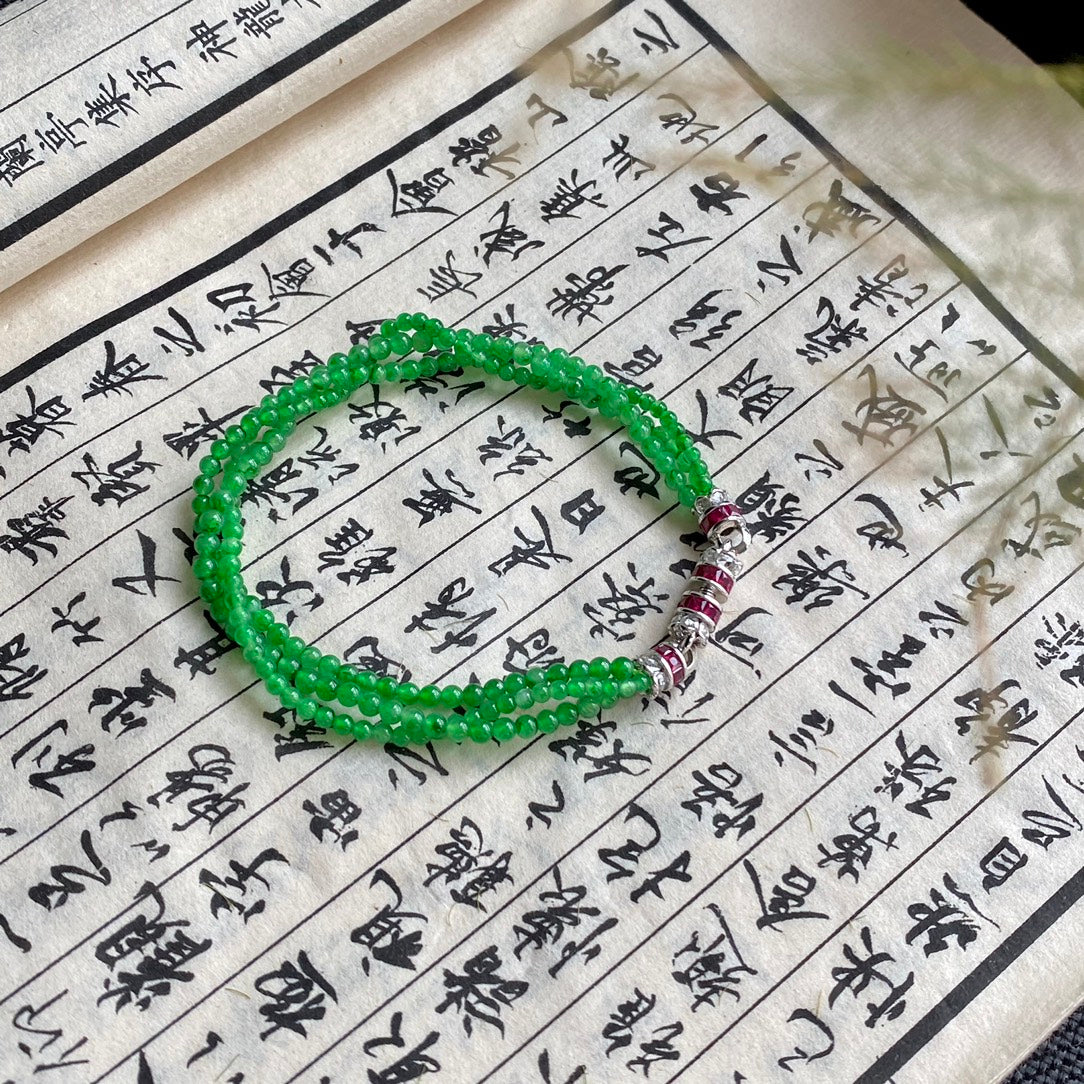 S925 Sterling Silver Jadeite Bright Green Tiny Rice-Bead Bracelet