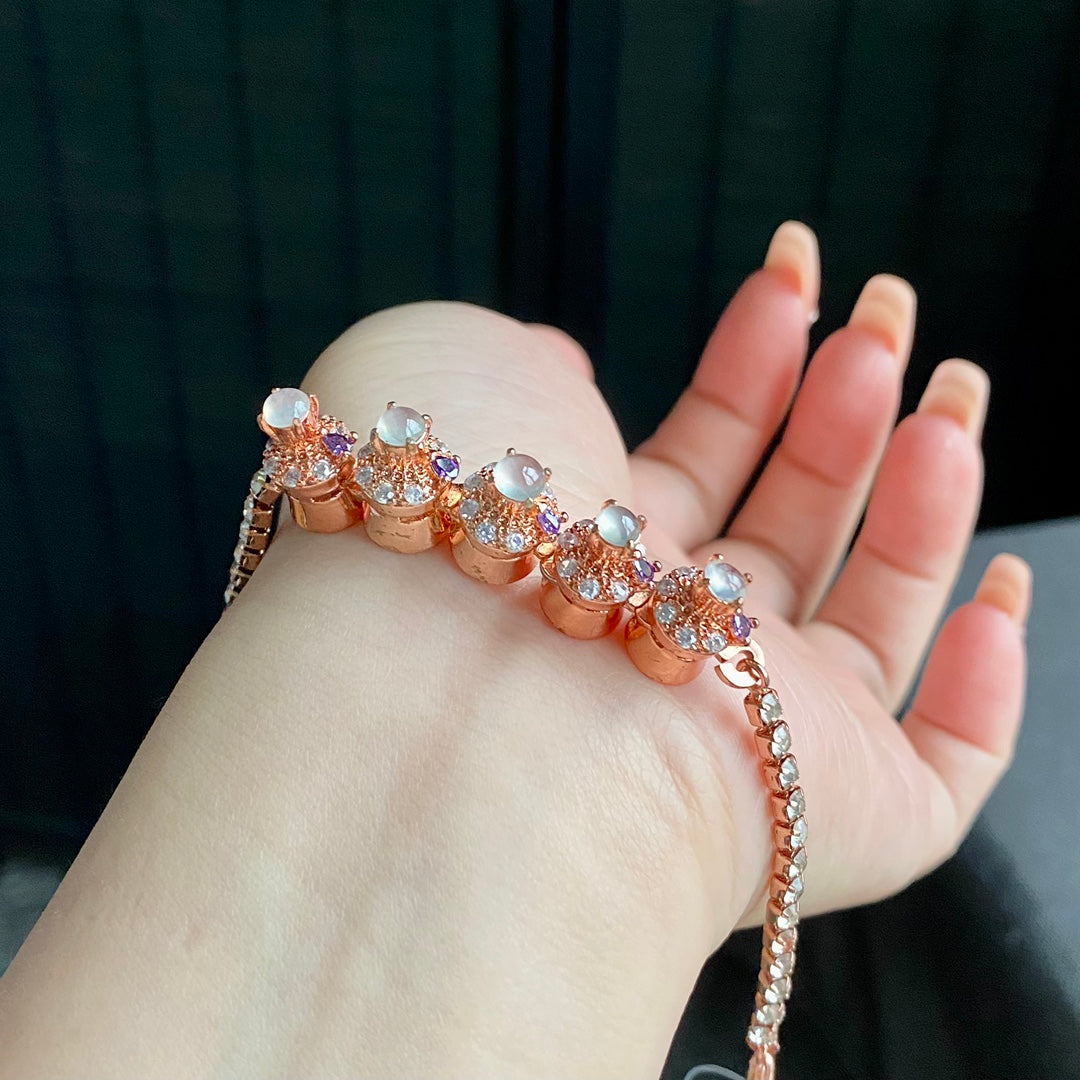 S925 Sterling Silver White Ice Jadeite Cabochon Bracelet