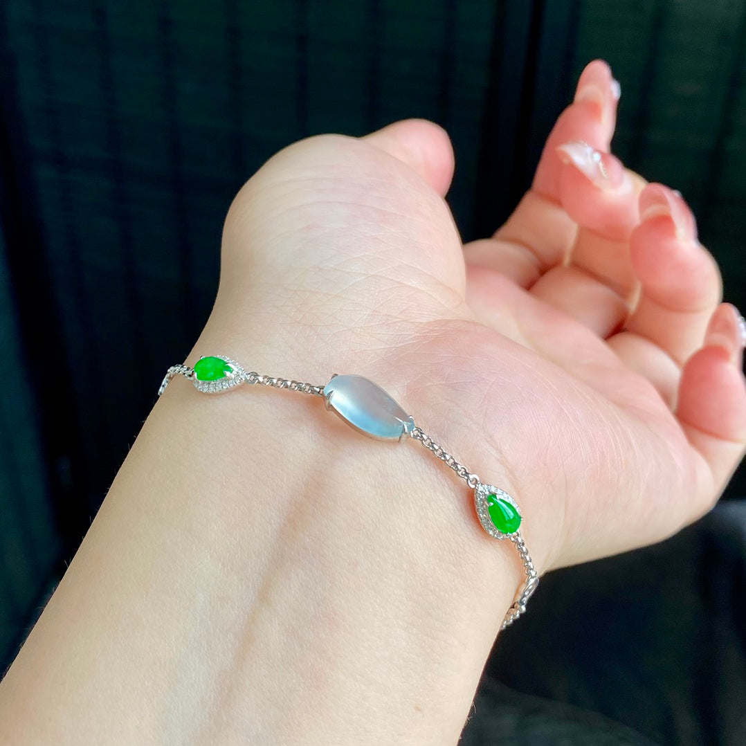 S925 Sterling Silver Natural Jadeite Free-Form Design Bracelet