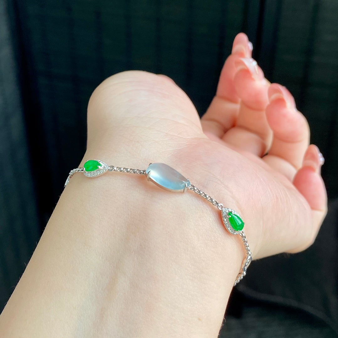 S925 Sterling Silver Natural Jadeite Free-Form Design Bracelet