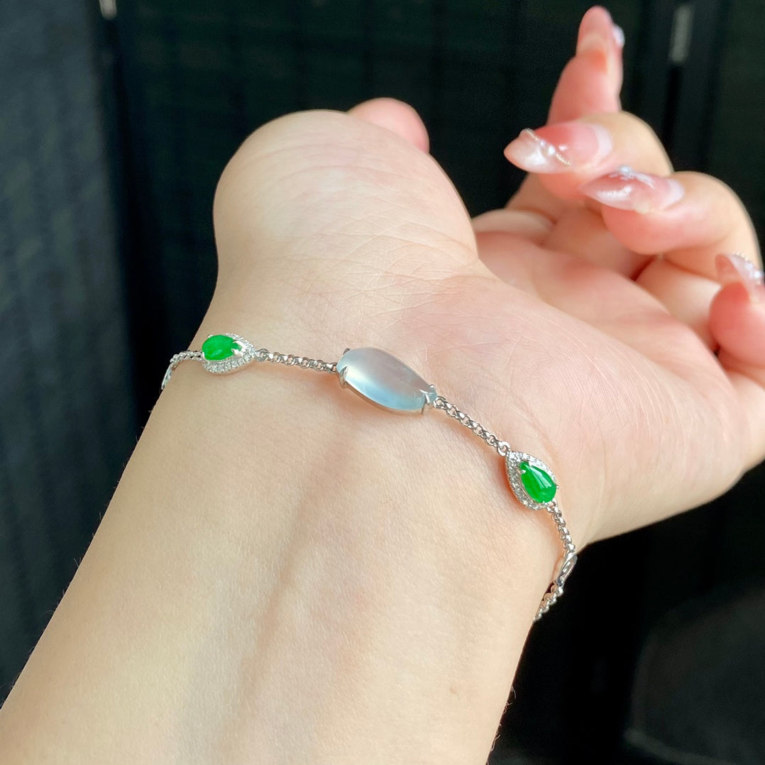 S925 Sterling Silver Natural Jadeite Free-Form Design Bracelet