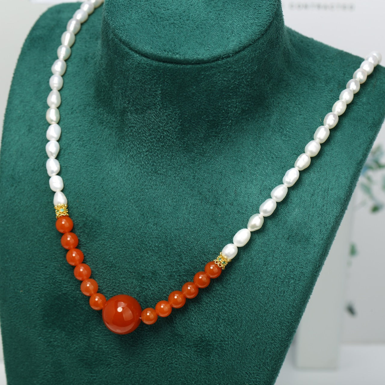 S925 Sterling Silver Necklace with South Red Agate and Pearls
