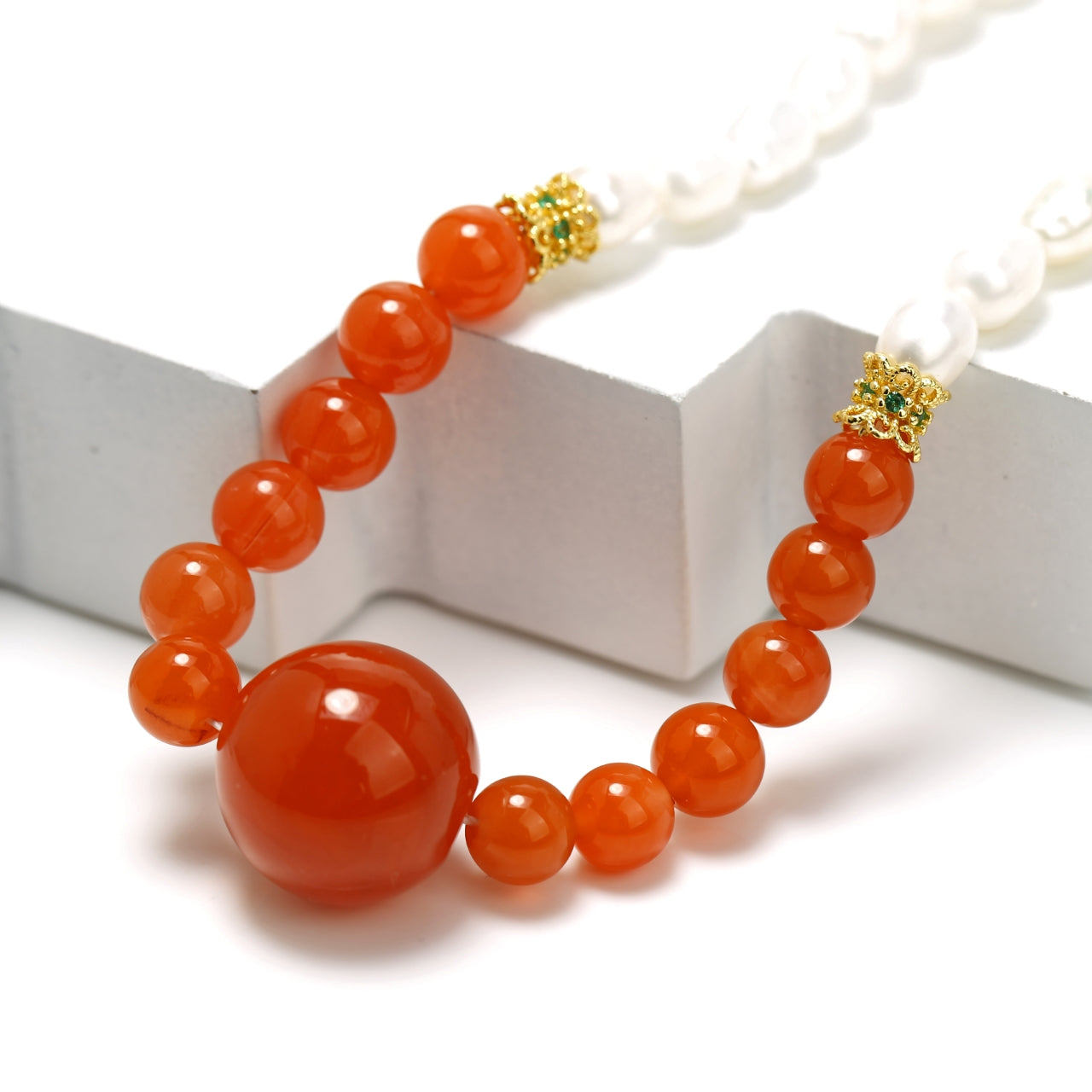 S925 Sterling Silver Necklace with South Red Agate and Pearls