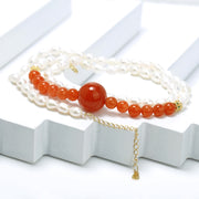S925 Sterling Silver Necklace with South Red Agate and Pearls
