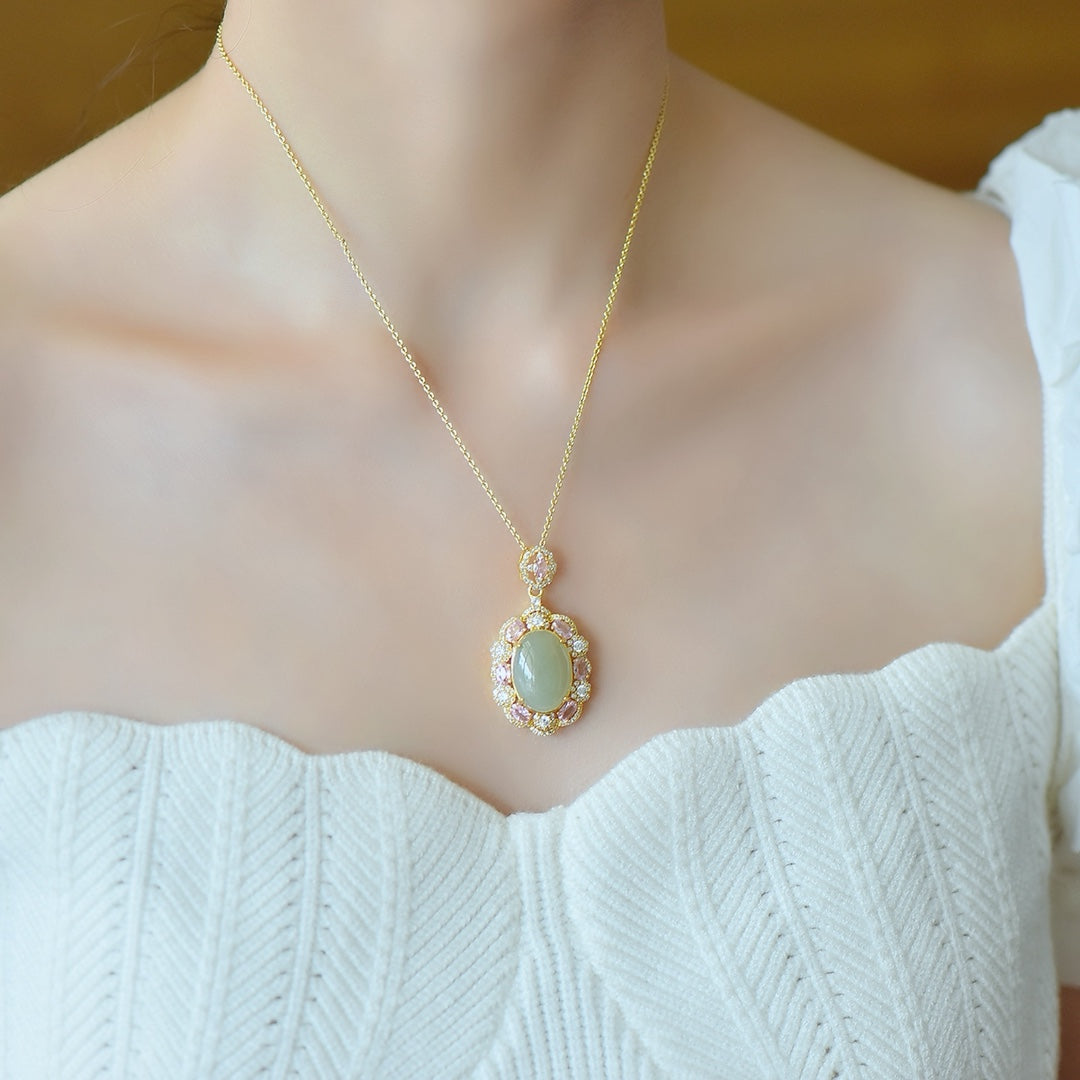 Inlaid Hetian Jade Cabochon Pendant