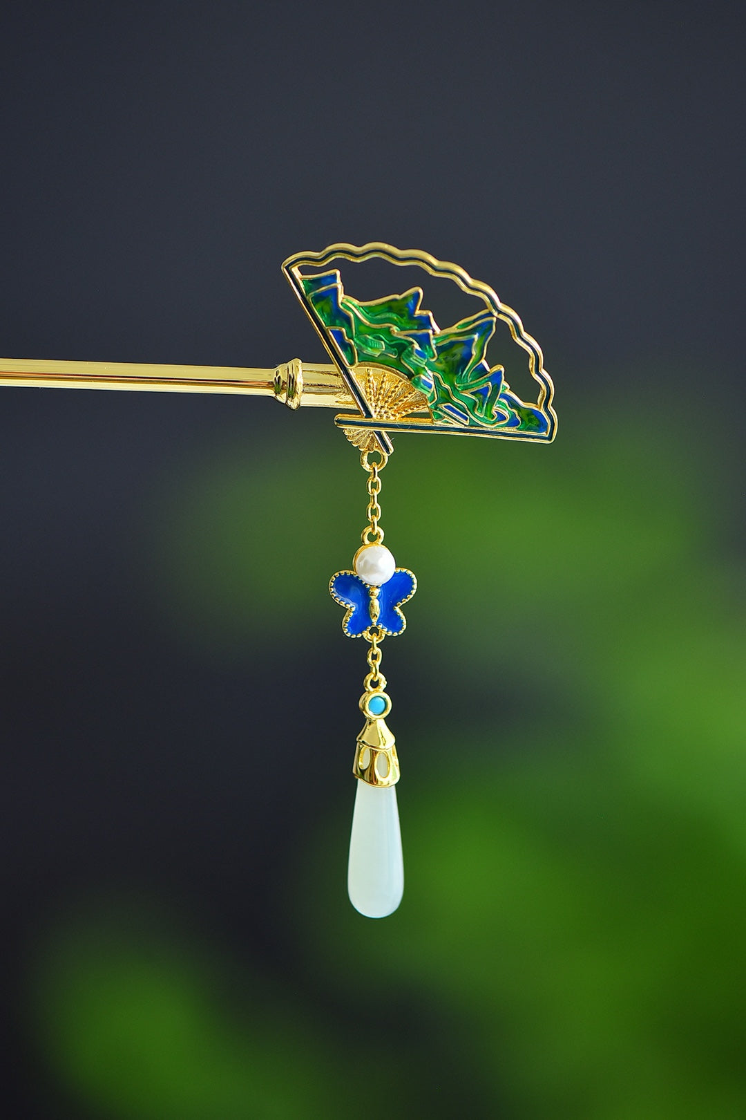 Inlaid Hetian White Jade & Enamel Fan-Shaped Hairpin