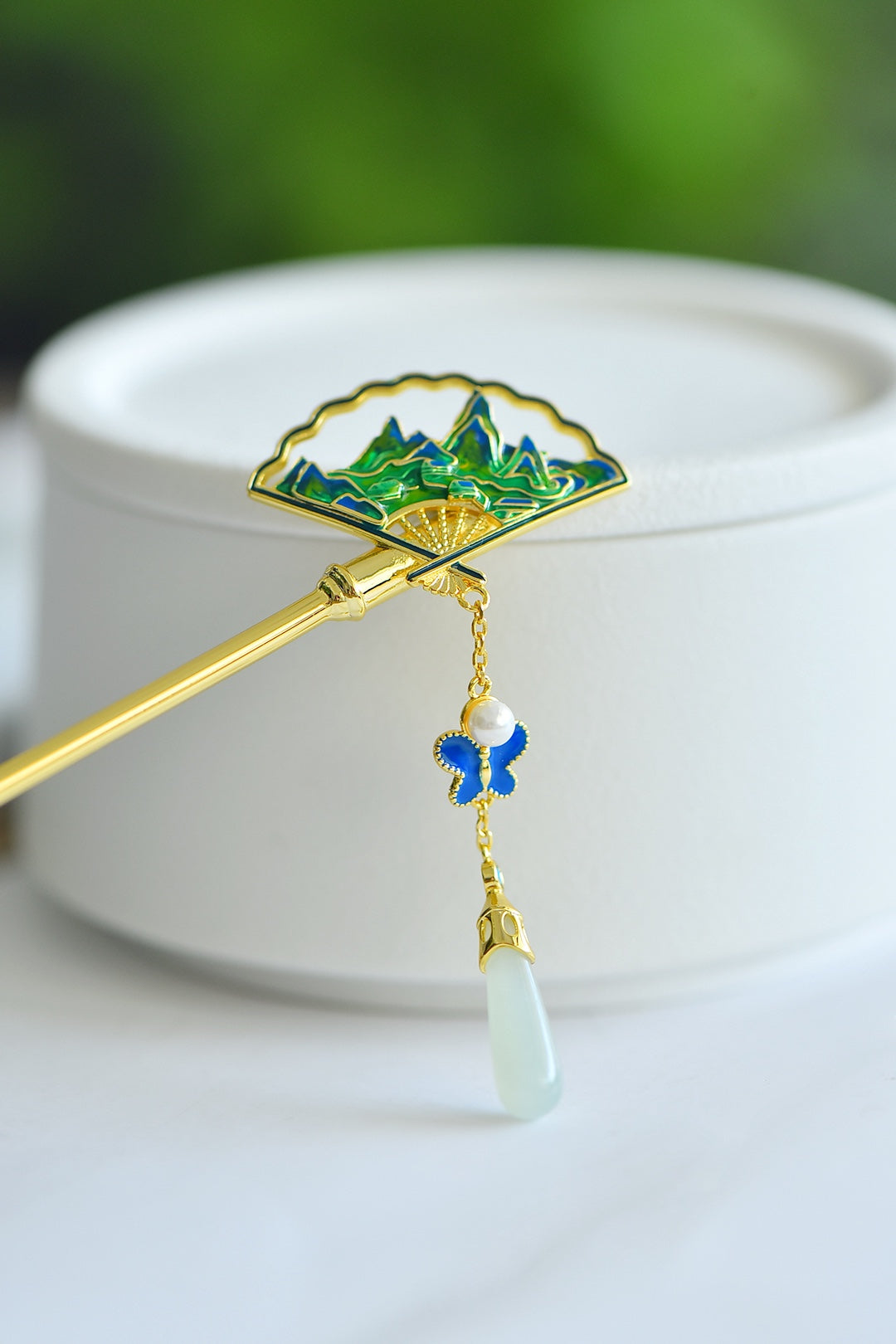 Inlaid Hetian White Jade & Enamel Fan-Shaped Hairpin