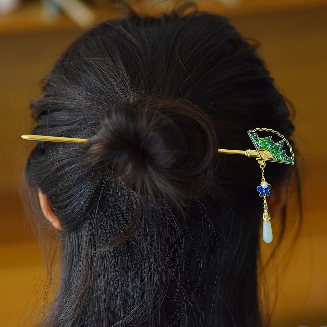 Inlaid Hetian White Jade & Enamel Fan-Shaped Hairpin