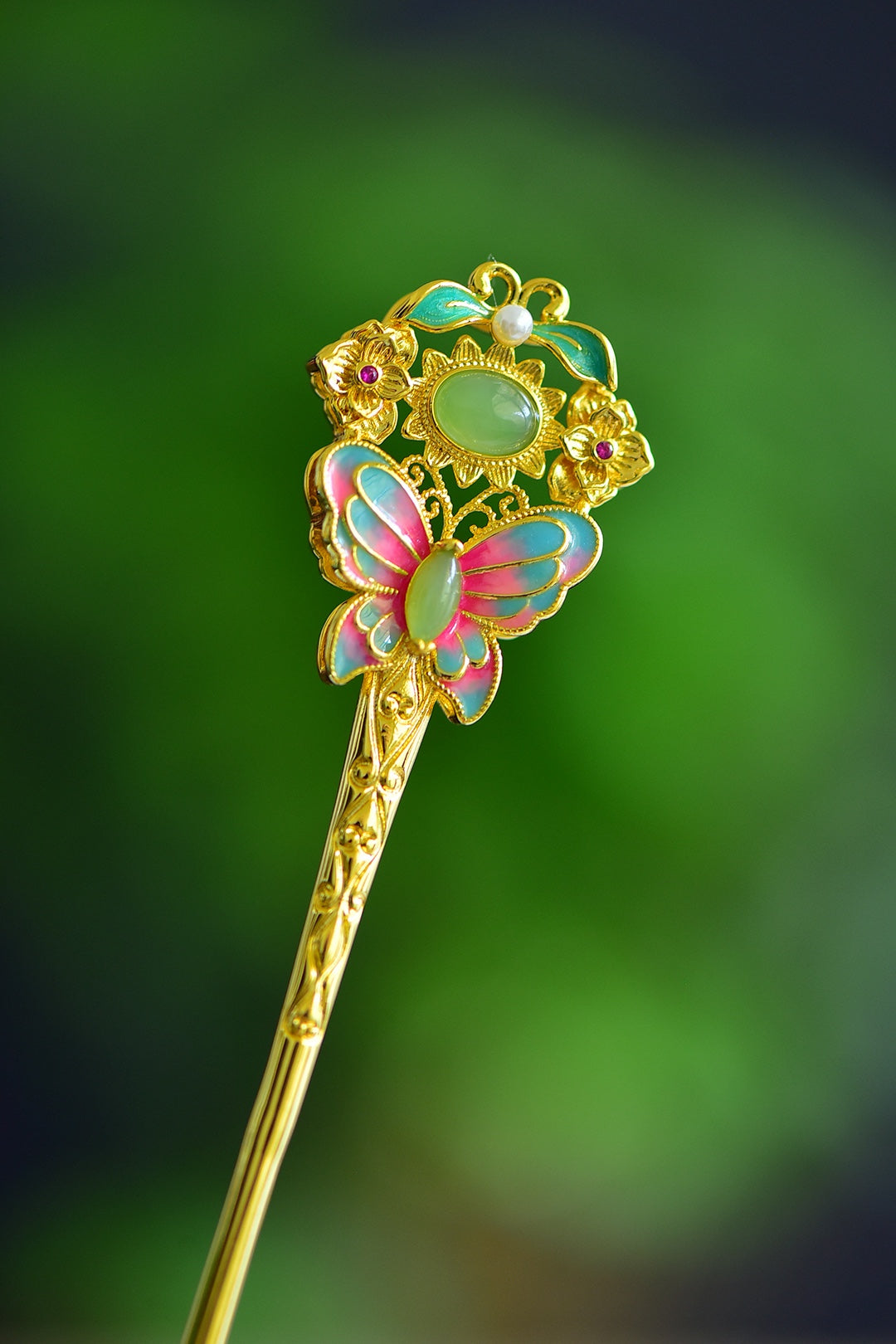 Inlaid Jadeite & Enamel Butterfly Hairpin