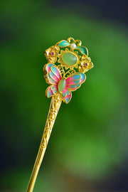 Inlaid Jadeite & Enamel Butterfly Hairpin