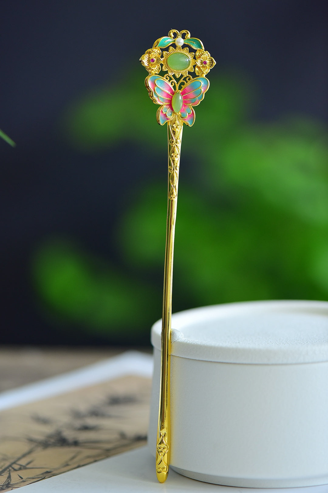Inlaid Jadeite & Enamel Butterfly Hairpin
