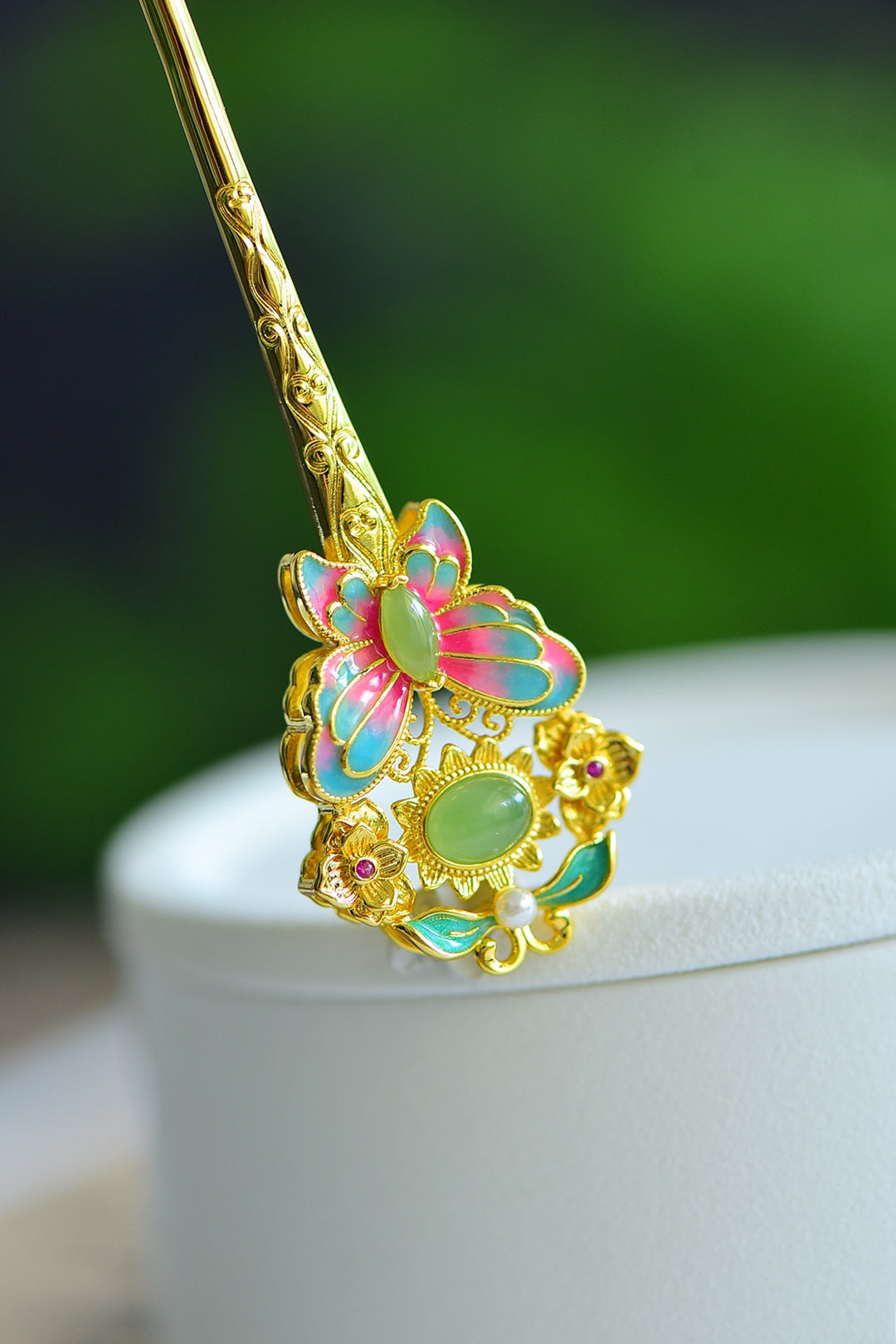 Inlaid Jadeite & Enamel Butterfly Hairpin