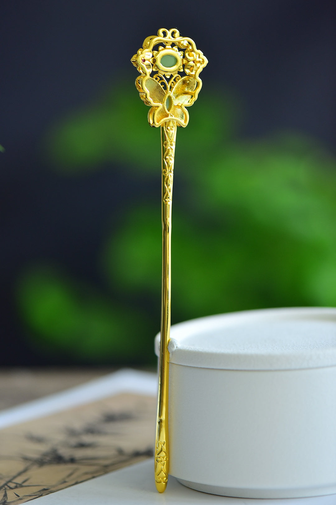 Inlaid Jadeite & Enamel Butterfly Hairpin