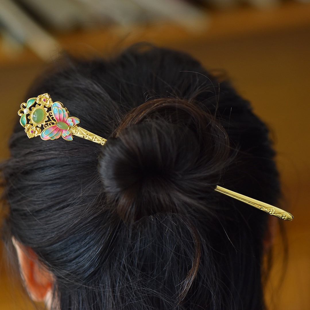 Inlaid Jadeite & Enamel Butterfly Hairpin