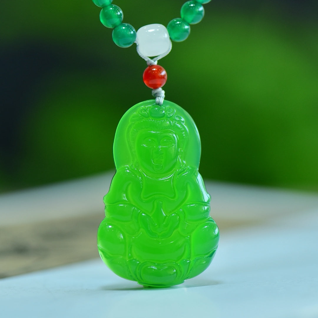 : Exquisite Green Agate Guanyin Pendant