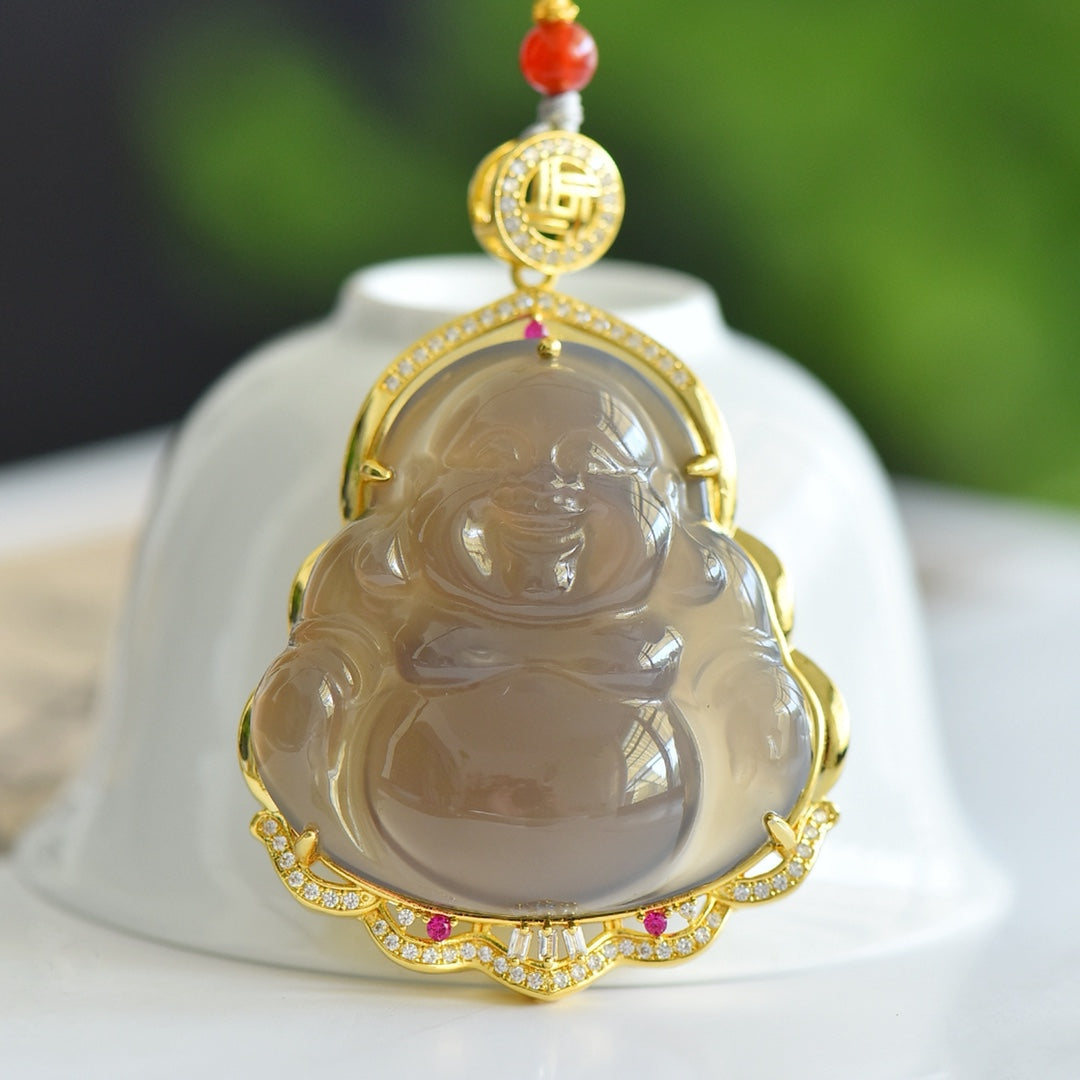 Smoky Purple Agate Laughing Buddha Pendant