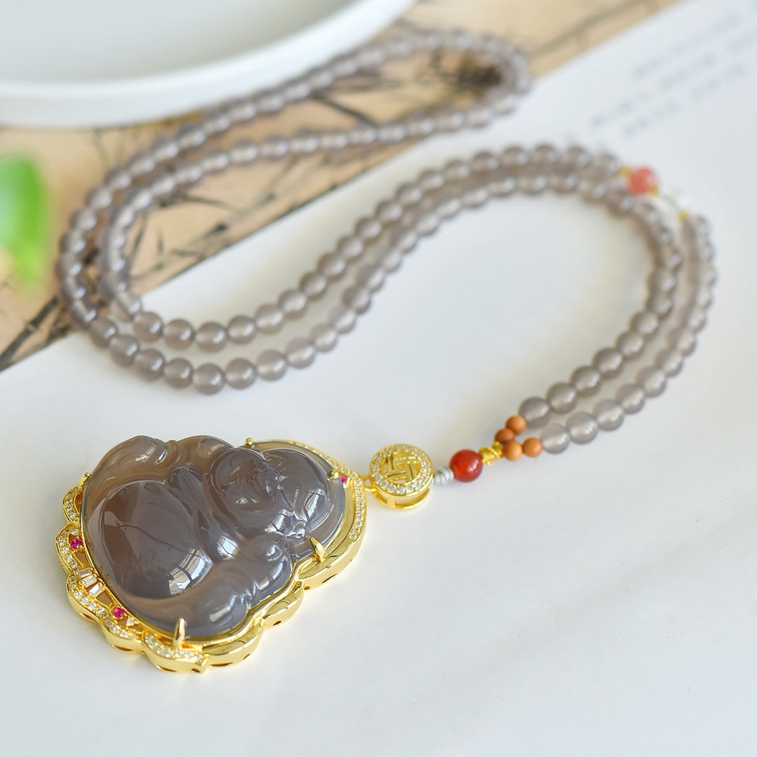 Smoky Purple Agate Laughing Buddha Pendant
