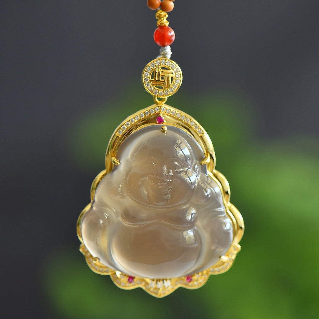Smoky Purple Agate Laughing Buddha Pendant