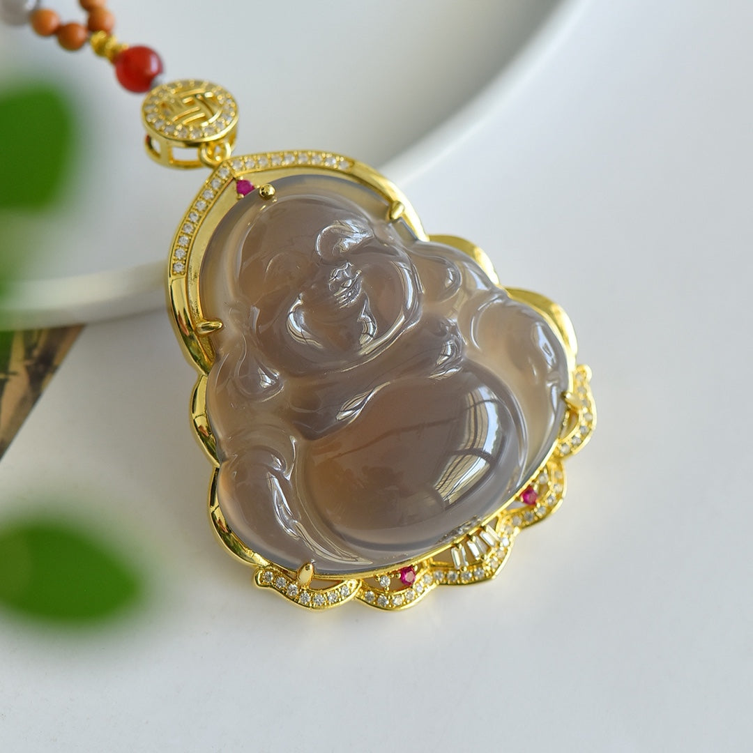 Smoky Purple Agate Laughing Buddha Pendant