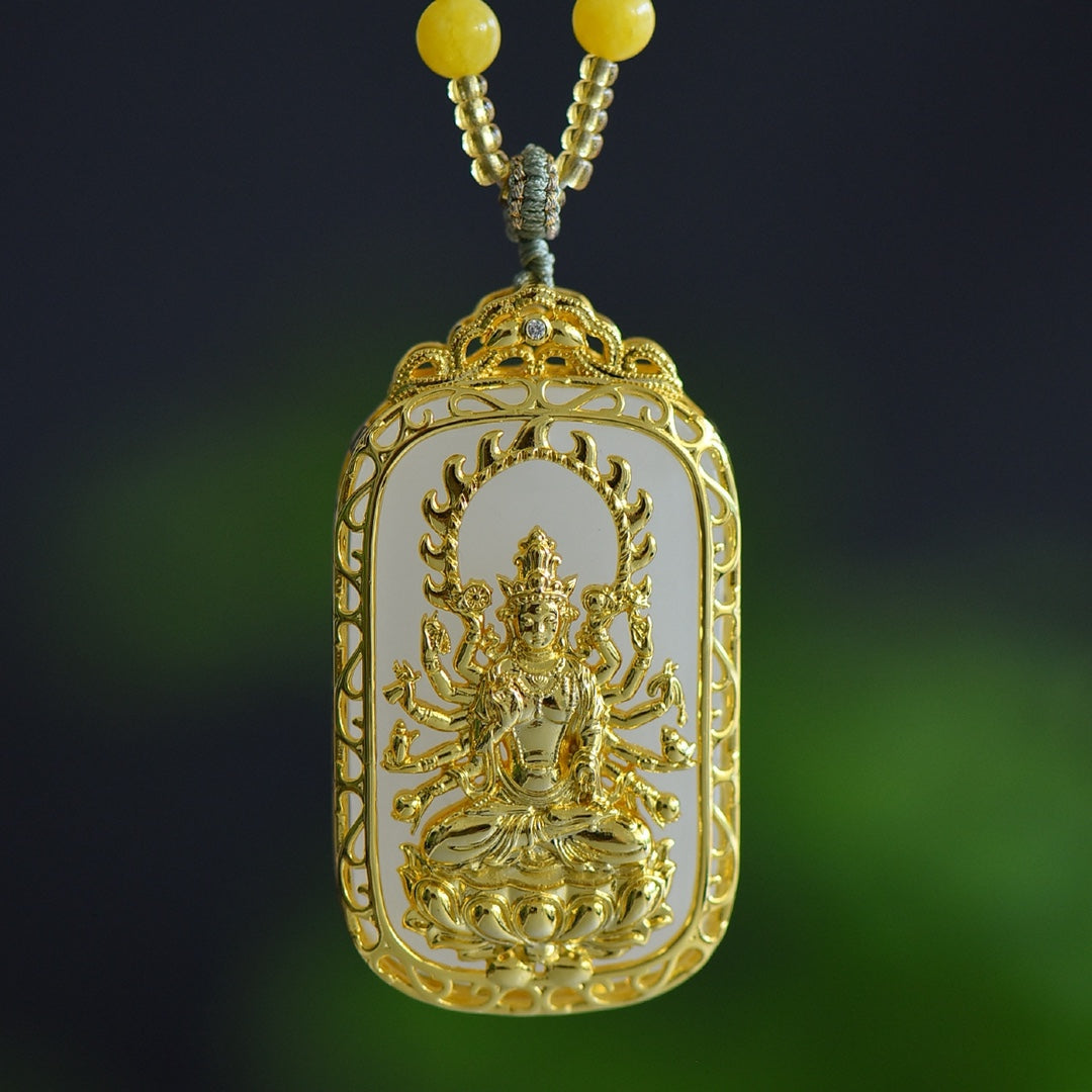 Inlaid Golden Silk Jade Wushishi (Peace) Plaque with Guanyin Design