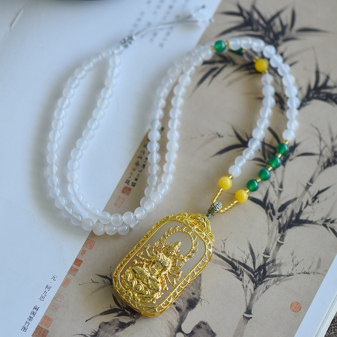 Inlaid Golden Silk Jade Wushishi (Peace) Plaque with Guanyin Design