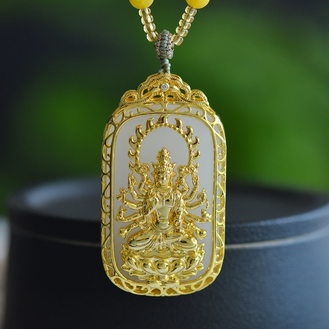 Inlaid Golden Silk Jade Wushishi (Peace) Plaque with Guanyin Design