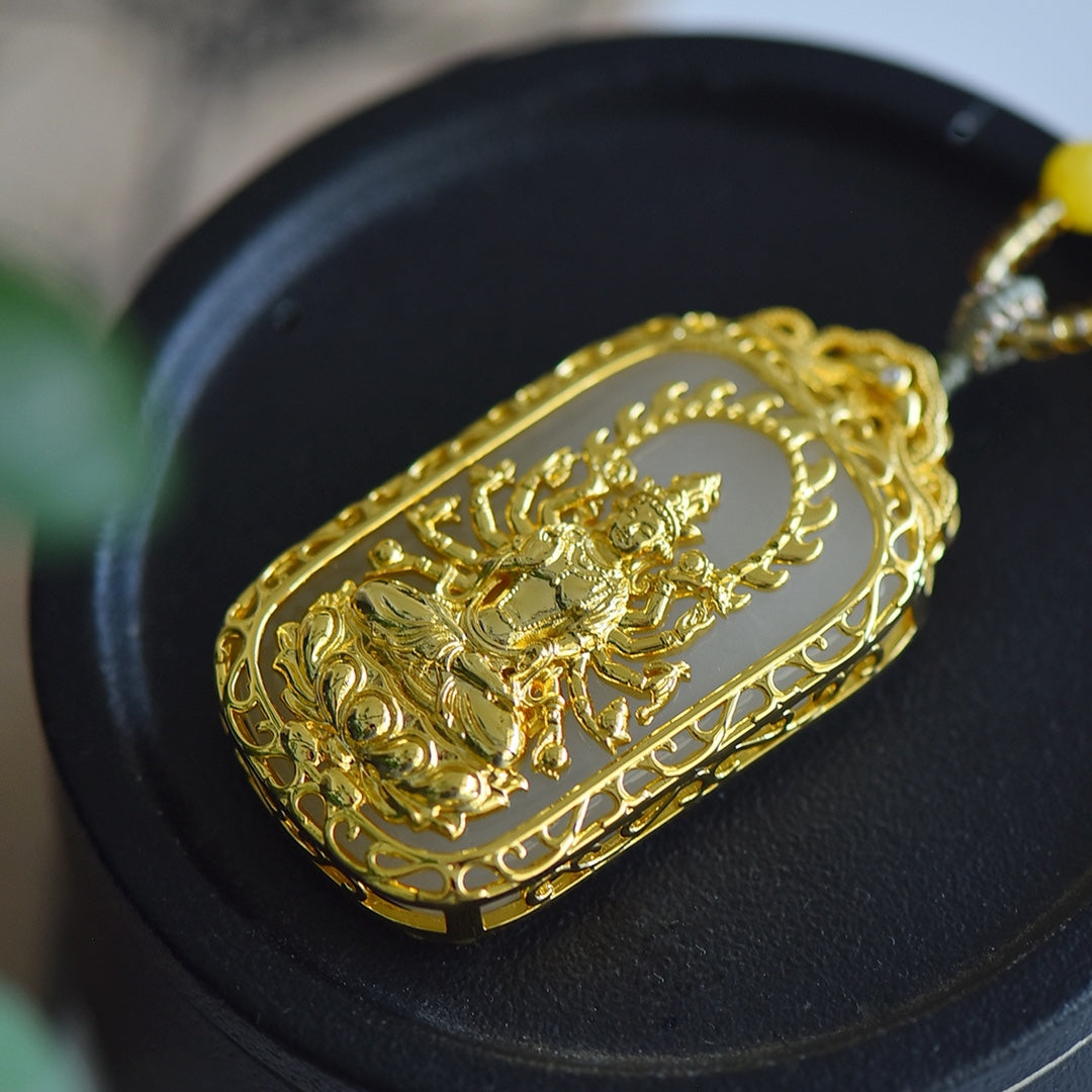 Inlaid Golden Silk Jade Wushishi (Peace) Plaque with Guanyin Design