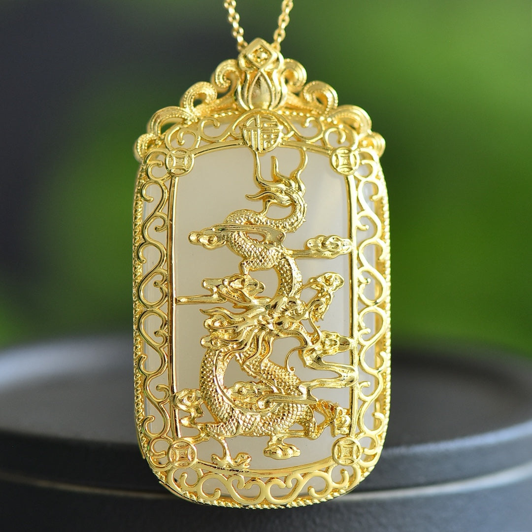 Golden Silk Jade Inlaid Dragon Plain Pendant