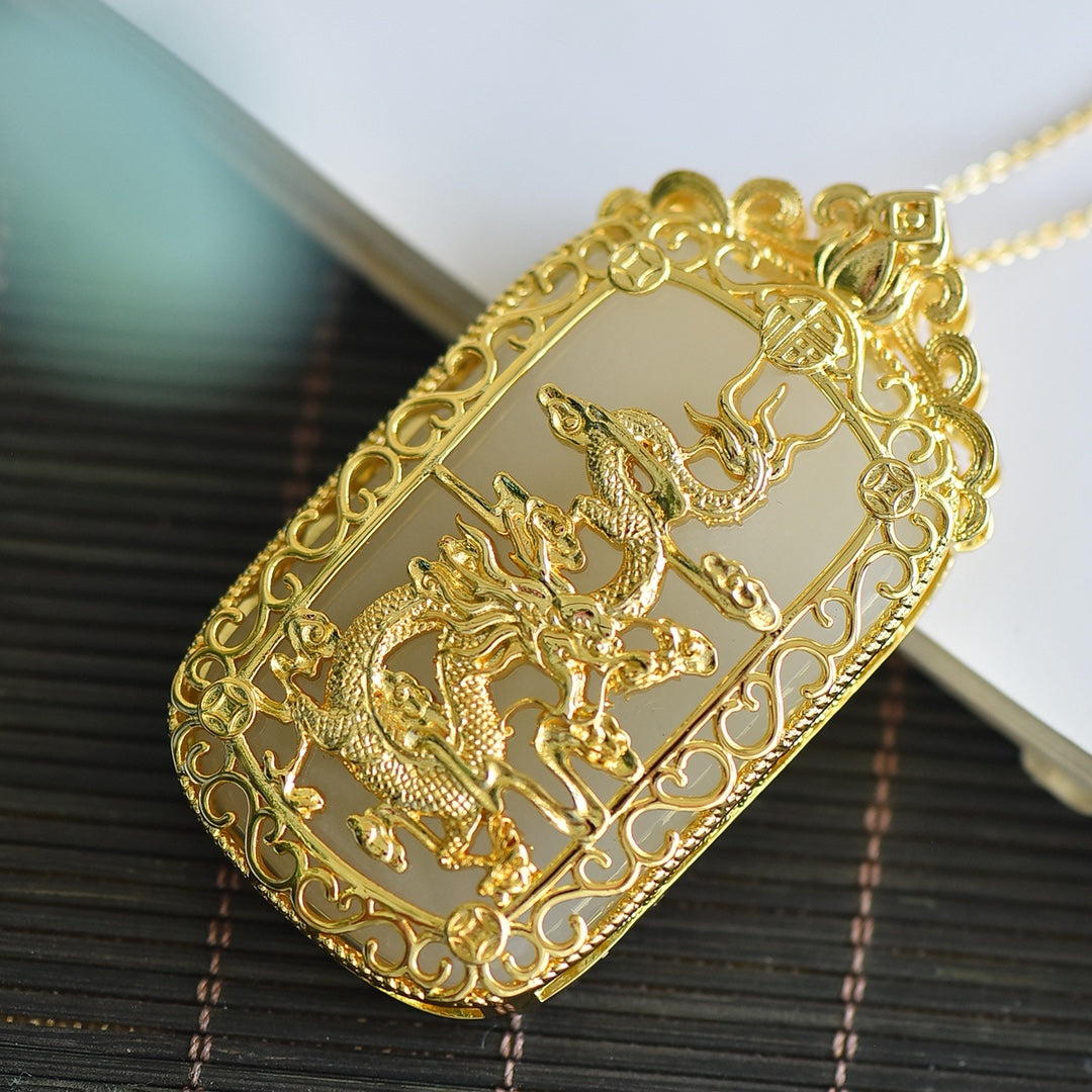 Golden Silk Jade Inlaid Dragon Plain Pendant
