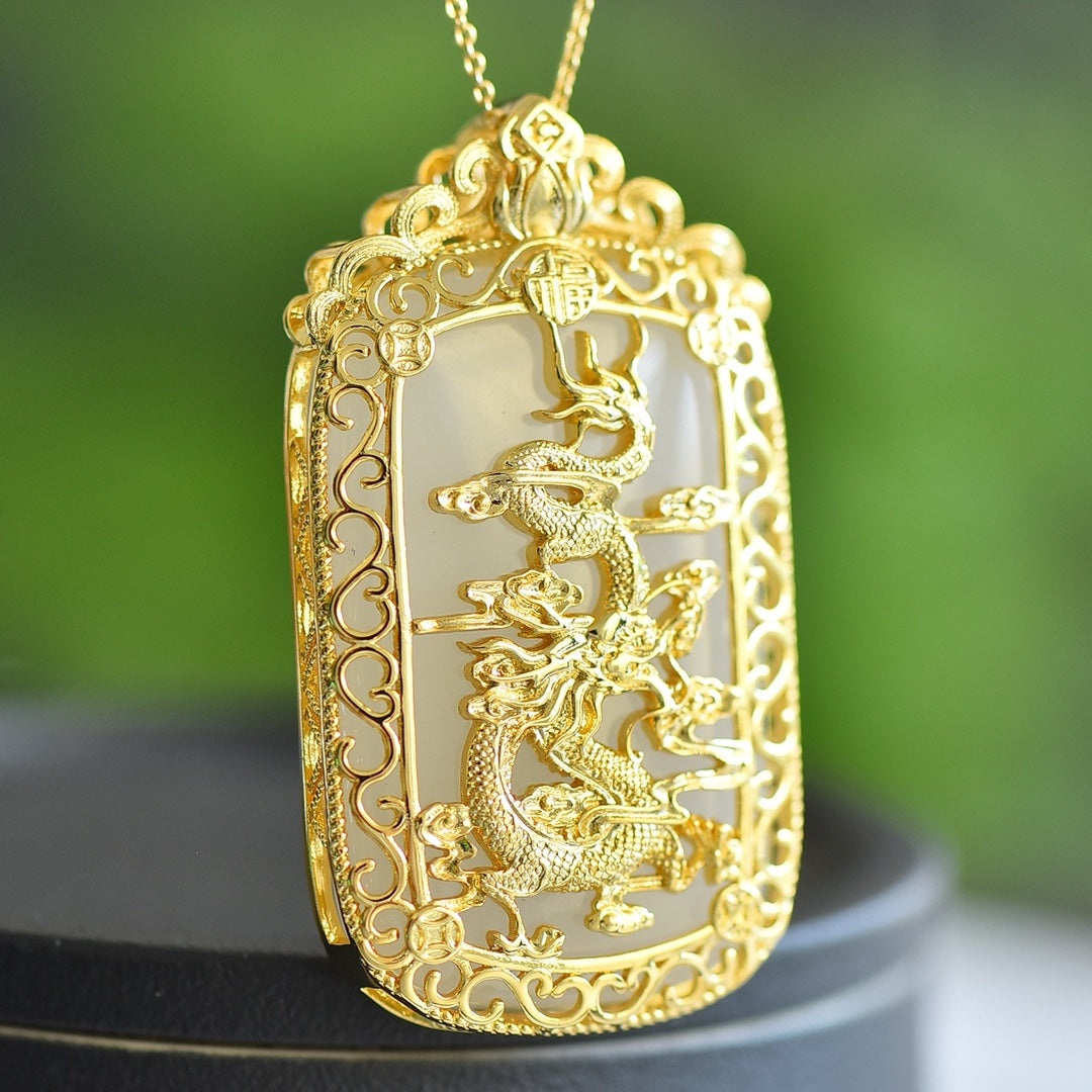 Golden Silk Jade Inlaid Dragon Plain Pendant