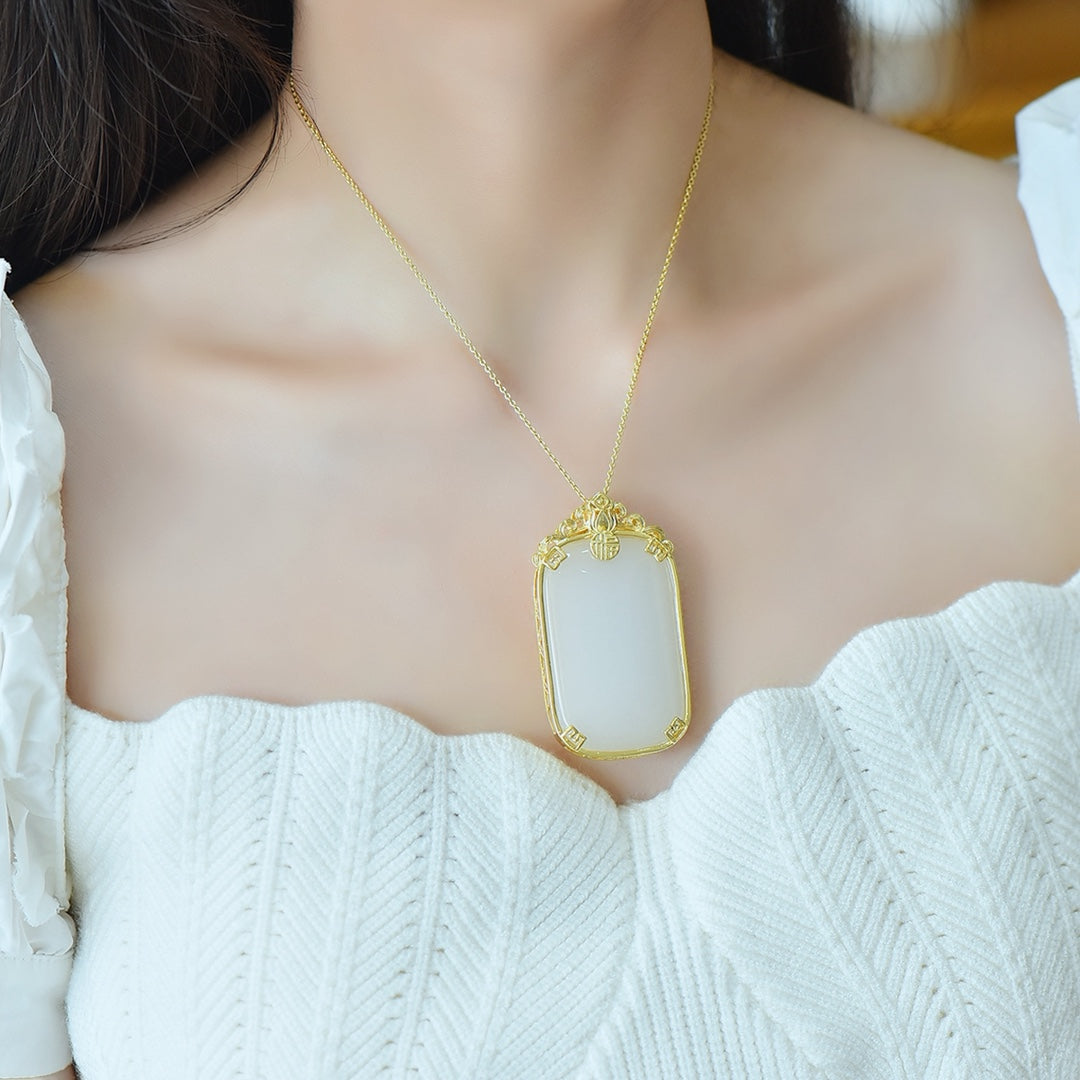 Golden Silk Jade Inlaid Dragon Plain Pendant