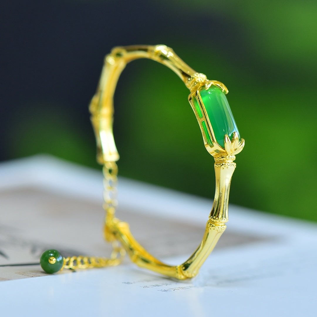 Green Chalcedony Inlaid Bamboo Joint Bangle