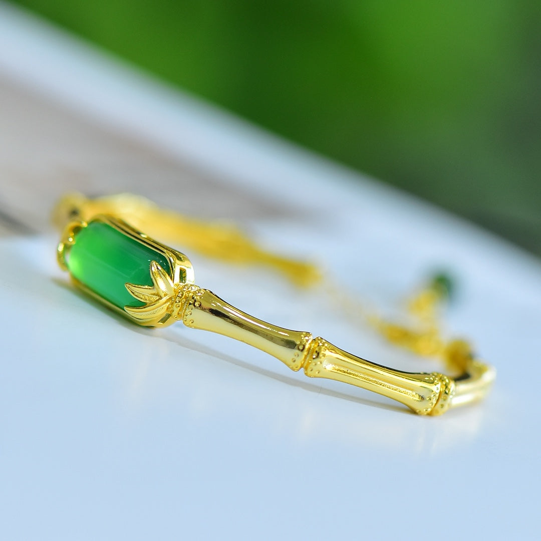 Green Chalcedony Inlaid Bamboo Joint Bangle