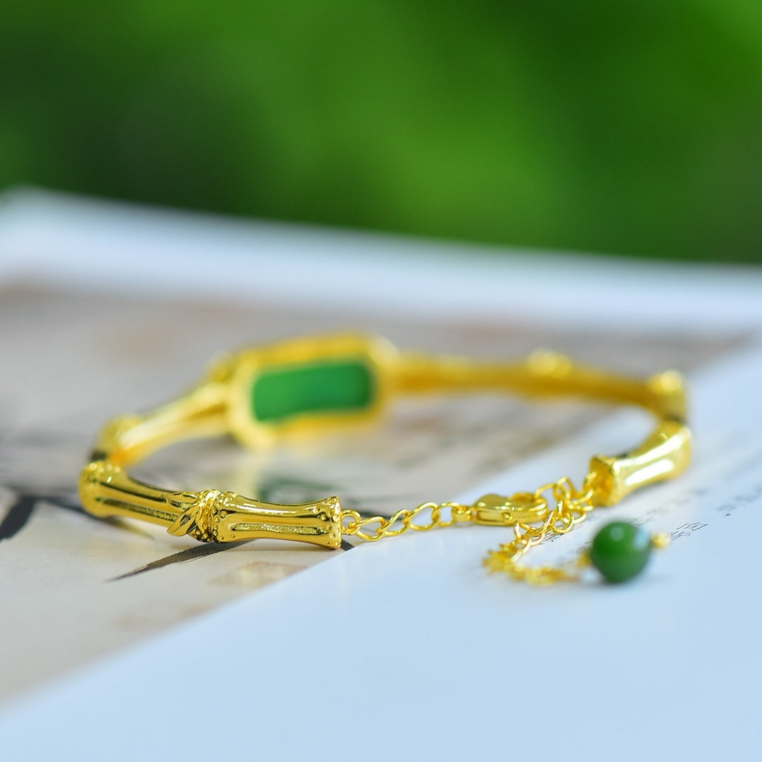 Green Chalcedony Inlaid Bamboo Joint Bangle