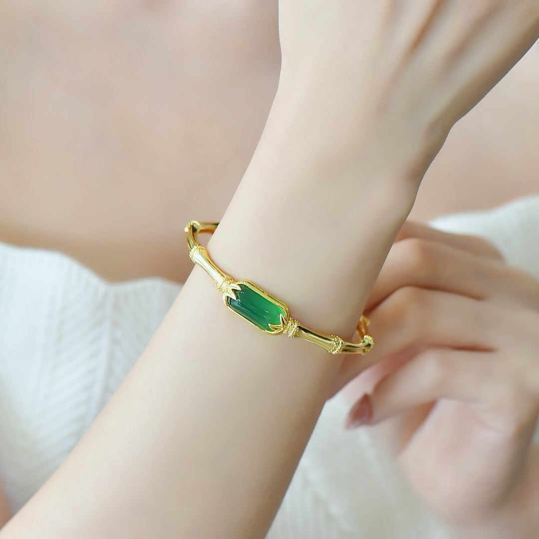 Green Chalcedony Inlaid Bamboo Joint Bangle