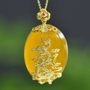 Yellow Agate (Chalcedony) Inlaid Dragon Plaque Pendant