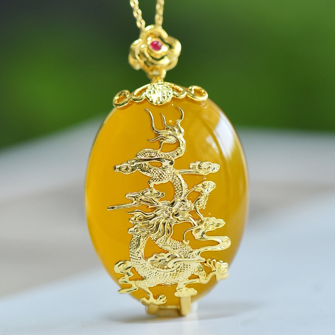 Yellow Agate (Chalcedony) Inlaid Dragon Plaque Pendant