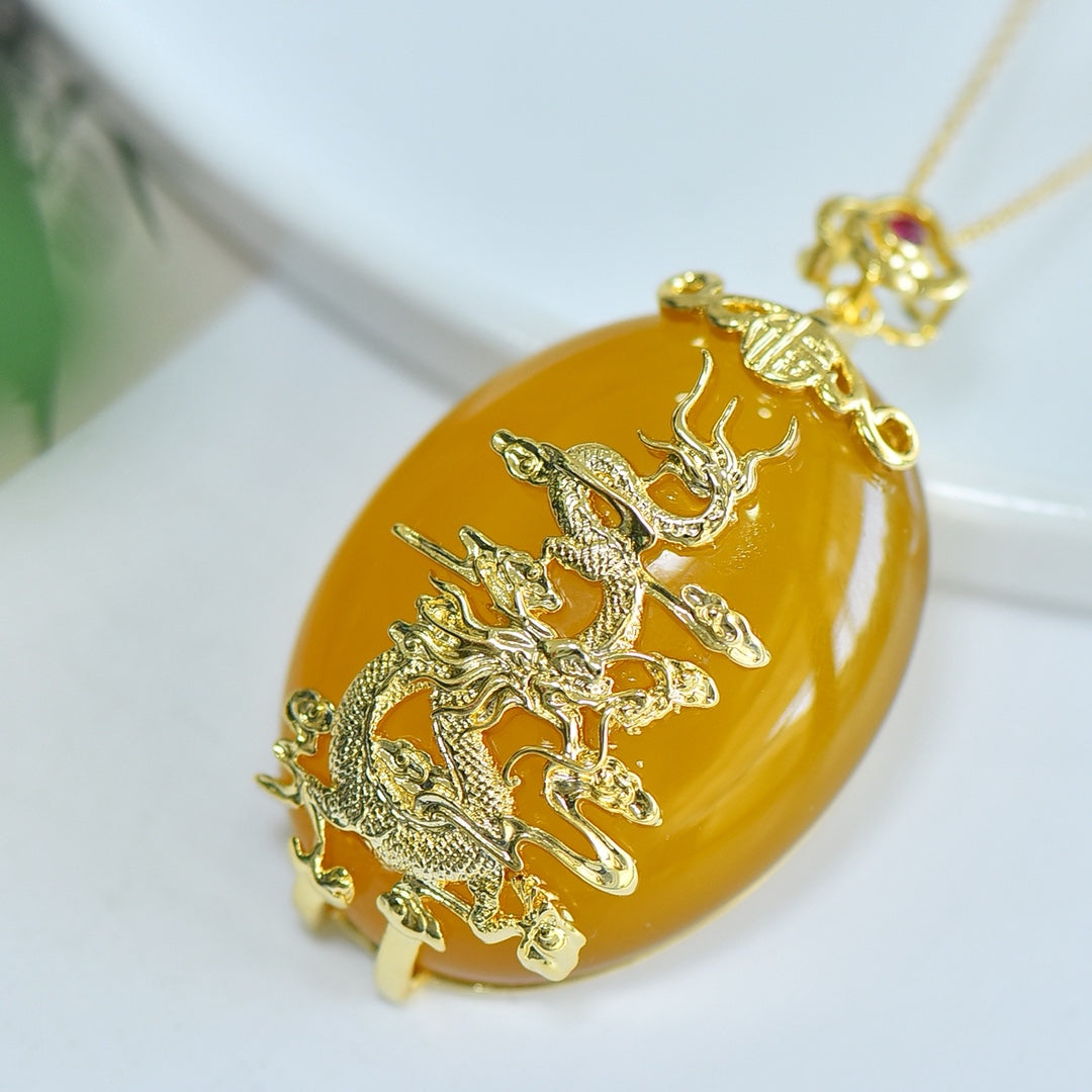 Yellow Agate (Chalcedony) Inlaid Dragon Plaque Pendant