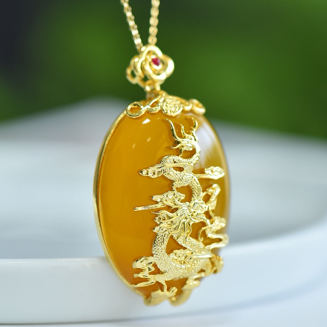 Yellow Agate (Chalcedony) Inlaid Dragon Plaque Pendant