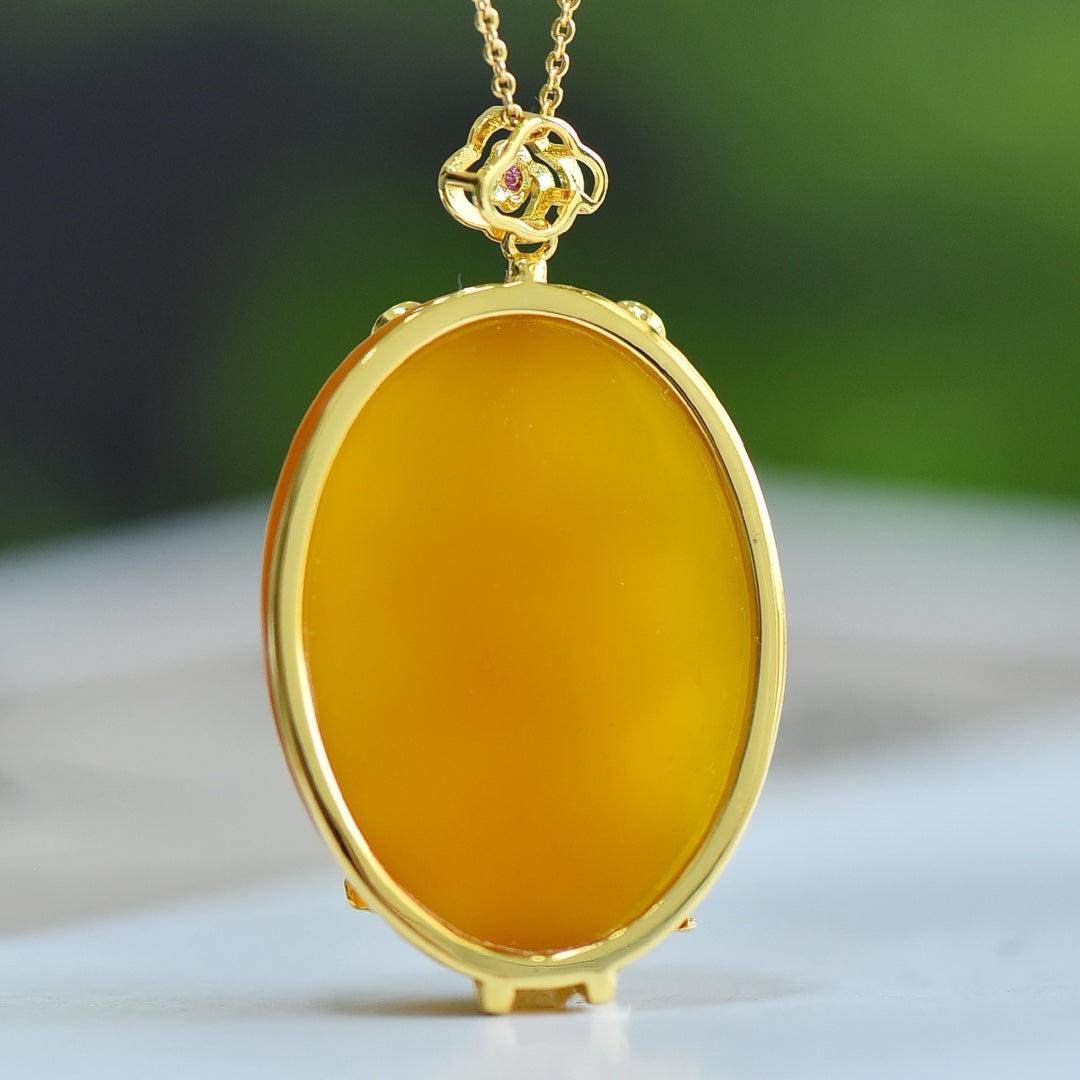 Yellow Agate (Chalcedony) Inlaid Dragon Plaque Pendant