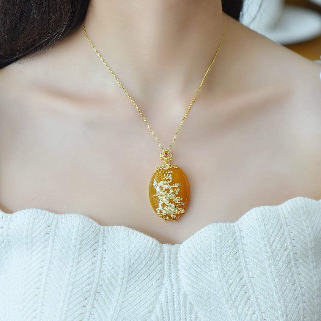 Yellow Agate (Chalcedony) Inlaid Dragon Plaque Pendant