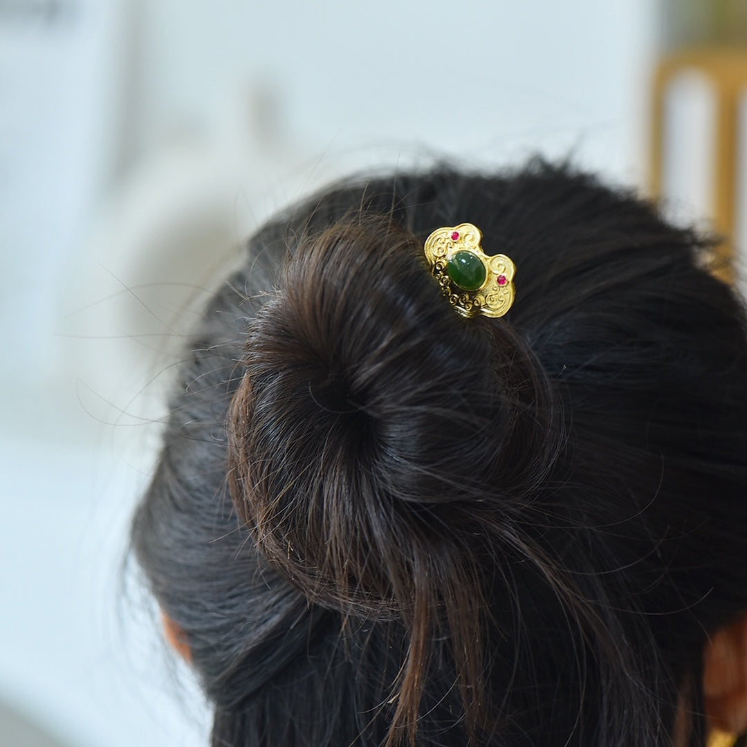 Nephrite Jade Inlaid Ruyi (Lucky Motif) Hair Pin