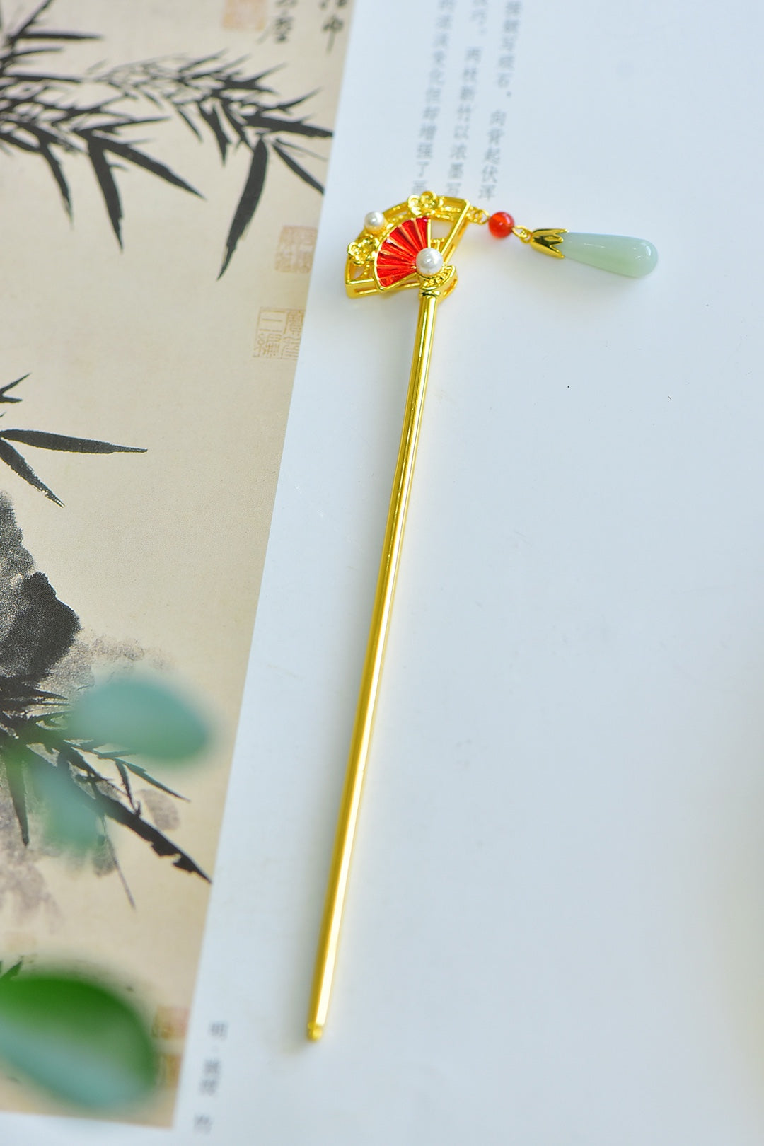 Nephrite Jade Inlaid Enamel Fan Hair Pin