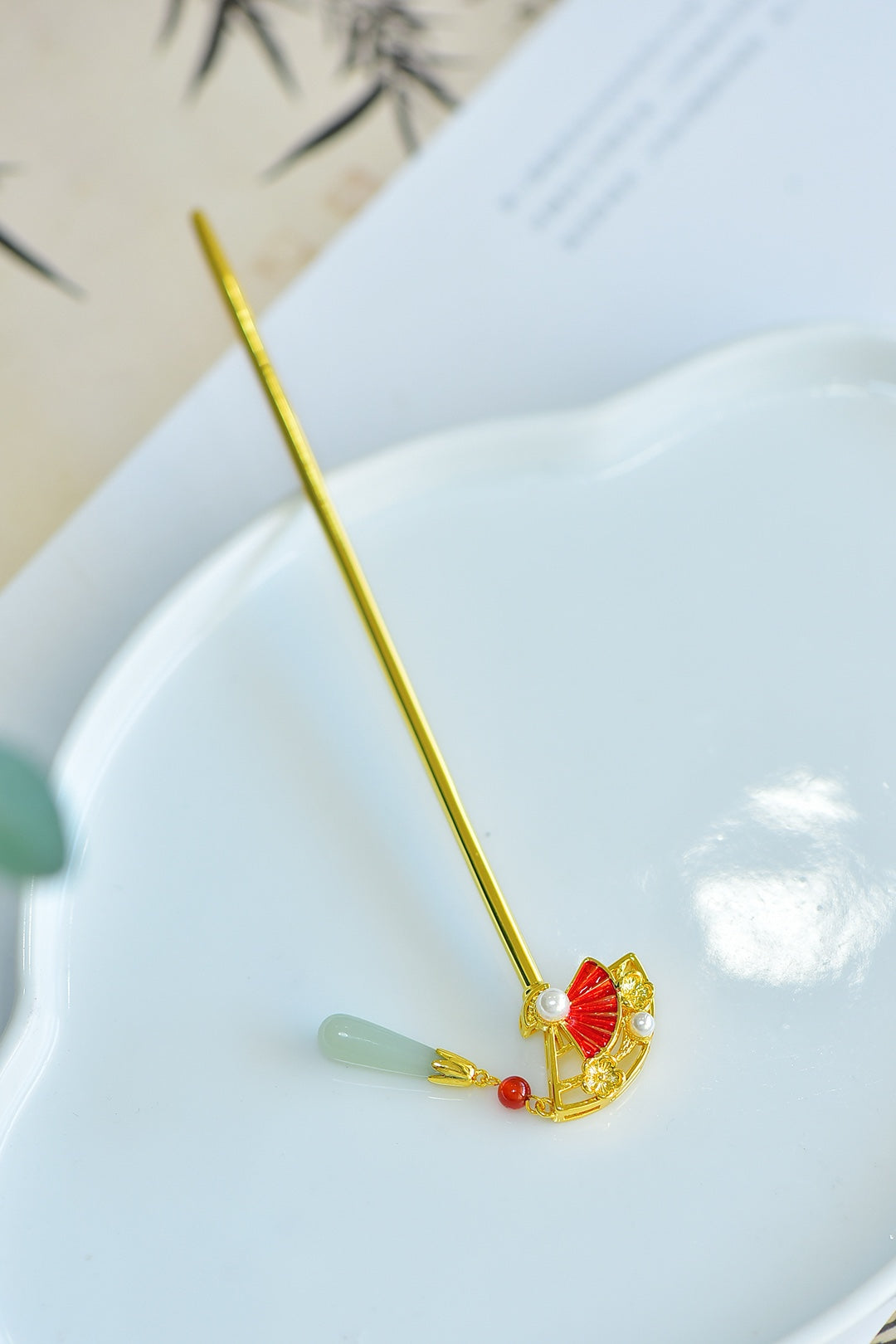 Nephrite Jade Inlaid Enamel Fan Hair Pin