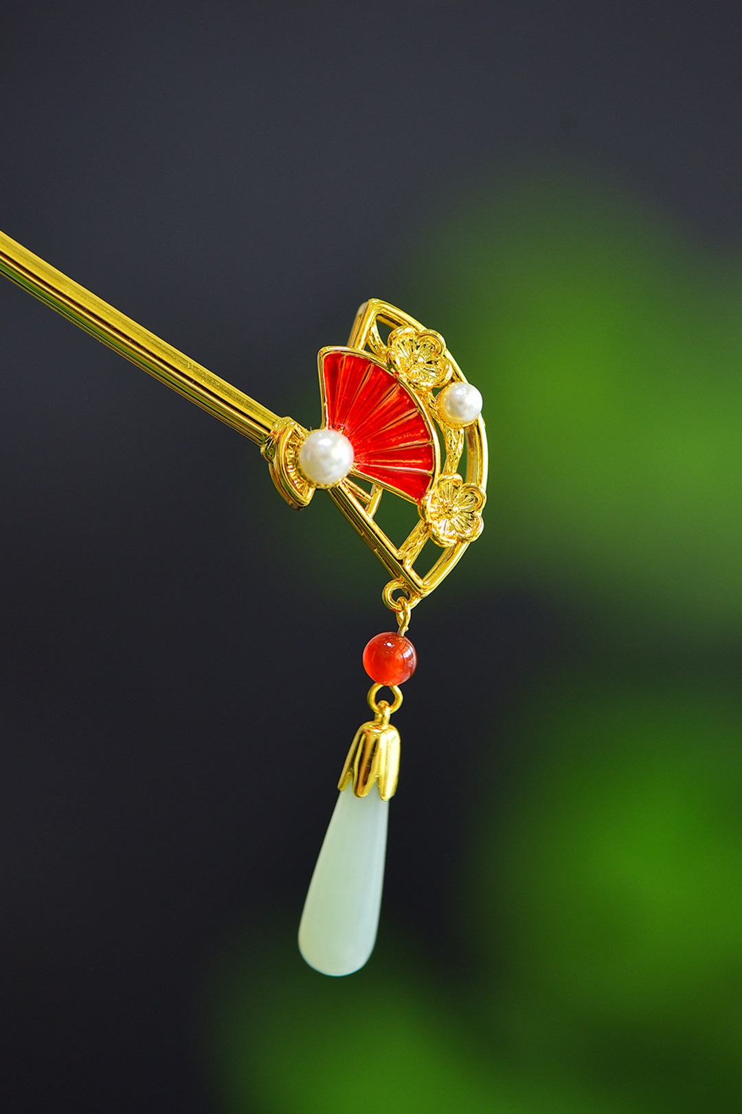 Nephrite Jade Inlaid Enamel Fan Hair Pin